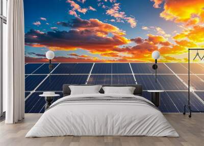 Solar panels at sunset, Solar energy and clean environment, renewable energy Wall mural