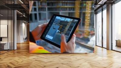 Construction manager using digital tablet and bim software on building site Wall mural