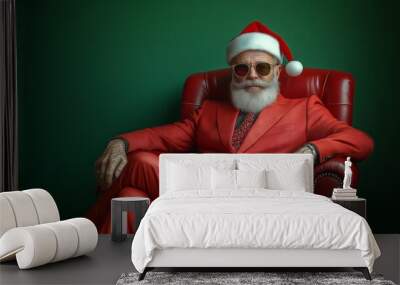 Cool santa claus wearing sunglasses and red suit sitting in armchair Wall mural