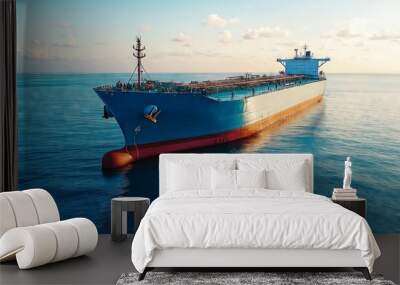 Large crude oil tanker ship sailing on calm blue sea at sunset Wall mural