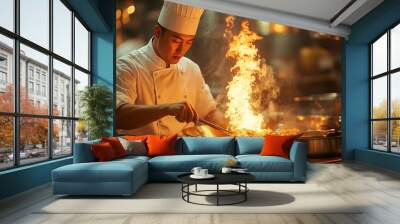 Professional chef cooking with fire in a wok in a restaurant kitchen Wall mural