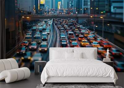 Traffic jam clogging a highway in a big city at dusk Wall mural