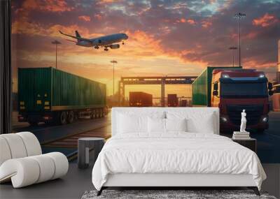 Trucks and airplane driving on road in shipping port at sunset Wall mural