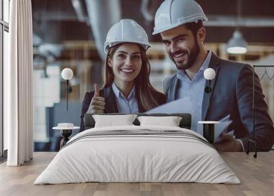 Two architects smiling and holding blueprints in building under construction Wall mural