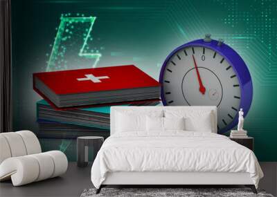 3d illustration medical books and stopwatch  Wall mural