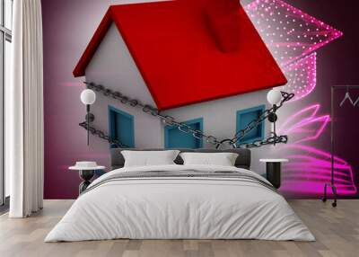 3d illustration of a house locked with chain and pad lock Wall mural