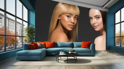 African caucasian beauty women two portrait. Clean skin ethnic concept Wall mural