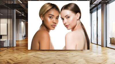 Afro woman skin and white skin girl model, ethnic beauty healthy face women two isolated on white Wall mural