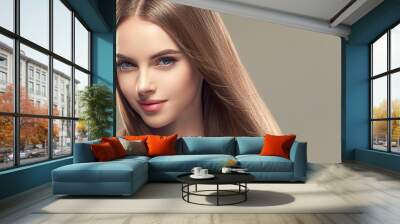 Beautiful brunette woman with long smooth hair beauty hairstyle female portrait Wall mural