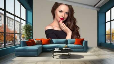 Beautiful hair woman long brunette hairstyle female healthy skin beauty makeup cosmetic concept Wall mural