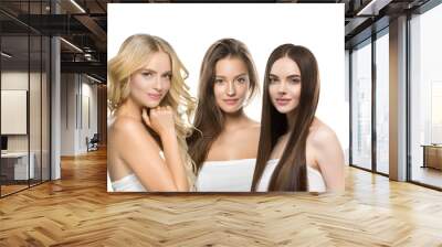 Beautiful hair women group beauty concept woman with long hairstyle different color and fashion isolated on white. Curly and smooth brunette and blonde hair model Wall mural