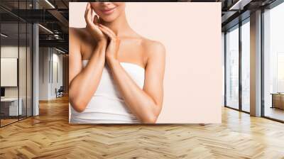 Beautiful hands woman natural beauty manicure chin shoulders Wall mural