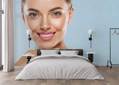 Beautiful healthy teeth smile woman face clean skin natural make up female beauty Wall mural