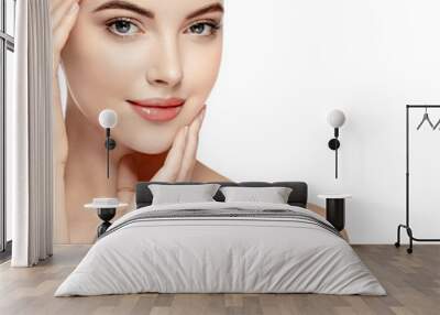 Beautiful skin woman face closeup beauty lips and eyes isolated on white Wall mural