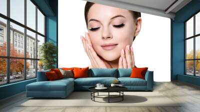 Beautiful woman healthy skin natural make up perfect lashes isolated on white Wall mural