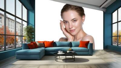 Beautiful young woman with healthy beauty skin carenatural clean fresh skin and beautiful hair isolated on white Wall mural