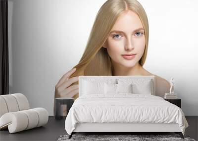 Blonde long hair woman with healthy long hairstyle beauty isolated on white Wall mural