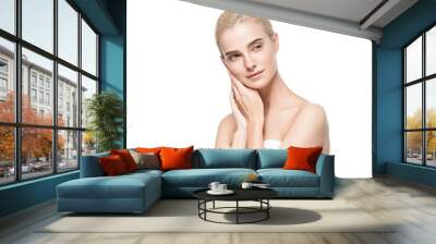 Healthy skin face closeup woman isolated on white female with natural makeup blonde hair beauty Wall mural