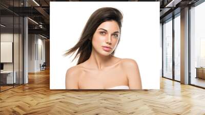 Woman Brunette healthy skin girl woman isolated on white close up face beauty and shine Wall mural