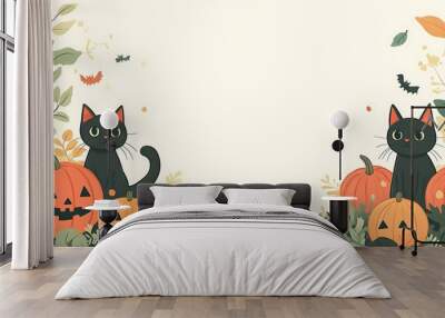 Black cat illustration for Halloween complete with a pumpkin and a bat Wall mural