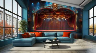 Brightly lit circus stage with red velvet curtains scene inside the circus arena stage vintage design Wall mural