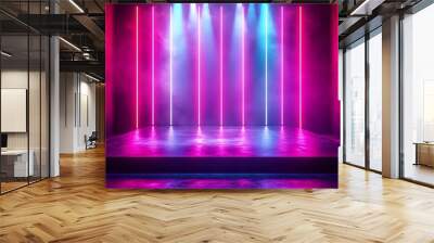 Podium stage and purple neon light abstract futuristic background dance floor for product display in studio, background with lights Wall mural