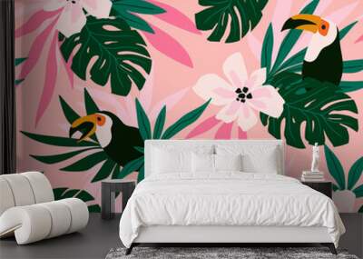 Floral background with tropical flowers, leaves and toucans. Vector seamless pattern for stylish fabric design. Wall mural