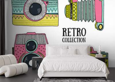 retro photo cameras set. vector illustration. vintage cameras with ornaments. hipster vector set. Wall mural