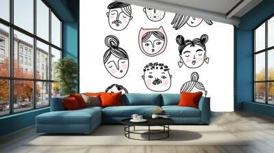 Set of sketched faces isolated on the white background. Vector illustration in hand drawn style. Cute portraits. Wall mural