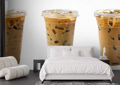 cups of iced coffee with ice and chocolate on a white background. Generative AI Wall mural