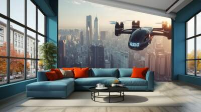 Electric air taxi eVTOL soars high above the cityscape, illustrating the future concept of urban air mobility and innovative transportation solutions Wall mural