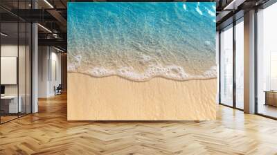 abstract sand beach from above with light blue transparent water wave and sun lights, summer vacation background concept banner with copy space, natural beauty spa outdoors Wall mural