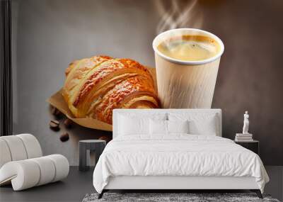 Aromatic coffee in a paper cup paired with a flaky croissant Wall mural