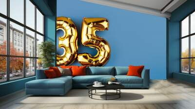 Banner with number 35 golden balloon with copy space. thirty five years anniversary celebration concept on a blue background. Wall mural