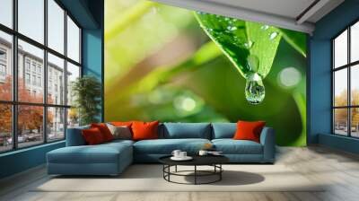 Beautiful large drop morning dew in nature, selective focus. Drops of clean transparent water on leaves. Sun glare in drop. Image in green tones. Spring summer natural background. Wall mural