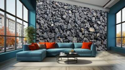 Black road stones gravel texture, rocks for construction, dark background of crushed granite gravel, small rocks, closeup Wall mural