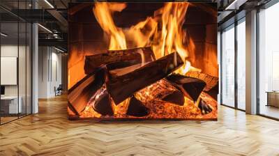 Burning firewood in the fireplace closeup, glowing logs, fire and flames Wall mural