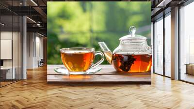 glass cup and teapot with tea on wooden table with green blurred background Wall mural