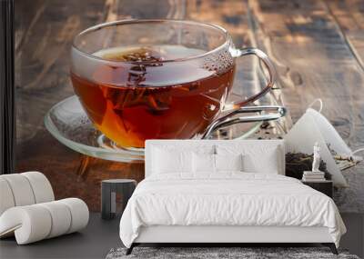 Glass transparent cup of black tea and dry tea in bags on the background of scattered tea leaves on the old wooden background, selective focus Wall mural