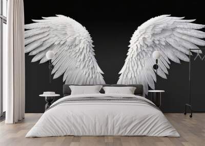 Isolated white angel wing black background realistic Wall mural