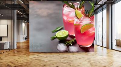 Refreshing pink drink or cocktail with ice, garnished with a slice of lime and rosemary. Wall mural