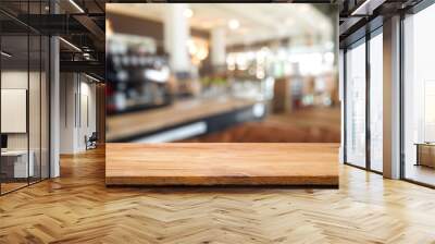 Selected focus empty brown wooden table and Coffee shop blur background with bokeh image. for your photomontage or product display. Wall mural