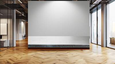 Silver steel countertop, empty shelf. realistic mockup of table top, kitchen counter on gray background with spot light. Bar desk surface in foreground Wall mural