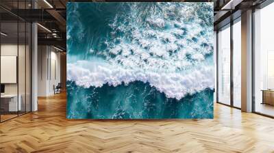 Spectacular aerial top view background photo of ocean sea water white wave splashing in the deep sea. Drone photo backdrop of sea wave in bird eye waves. Wall mural