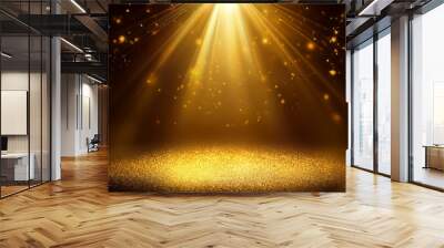 Stage light and golden glitter lights on floor. Abstract gold background for display your product. Spotlight realistic ray. Wall mural