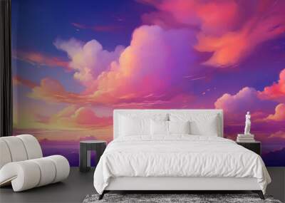 sunset cloudscape Panoramic with rich purple and pink tones blending into orange at horizon, tranquil evening sky view, natural dusk setting, soft wispy cloud formation, twilight backdrop Wall mural