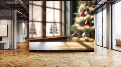 Table space in front of defocused window sill with christmas tree Wall mural