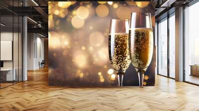 Two glasses of champagne with glitter lights bokeh background Wall mural