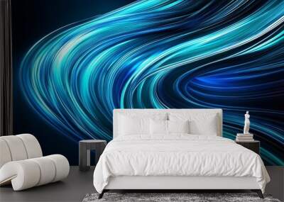 Abstract blue and black light wavy shapes futuristic banner. Glowing retro waves background Wall mural