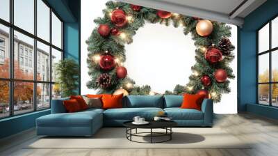 Christmas wreath made of fir tree and cones isolated on white. Christmas decorations Wall mural